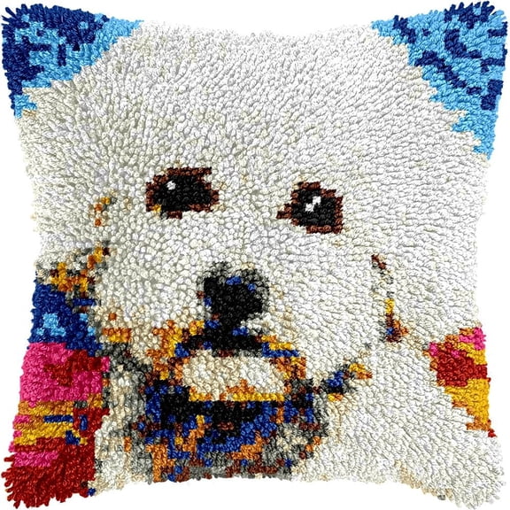 White Poodle Latch Hook Kits Pillow DIY Pillowcase Crochet Hook Cushion Making Kits with Preprinted Pattern Canvas Instruction Yarns Pillow Cover Easy Starter DIY Crochet Kits 43x43cmX154)