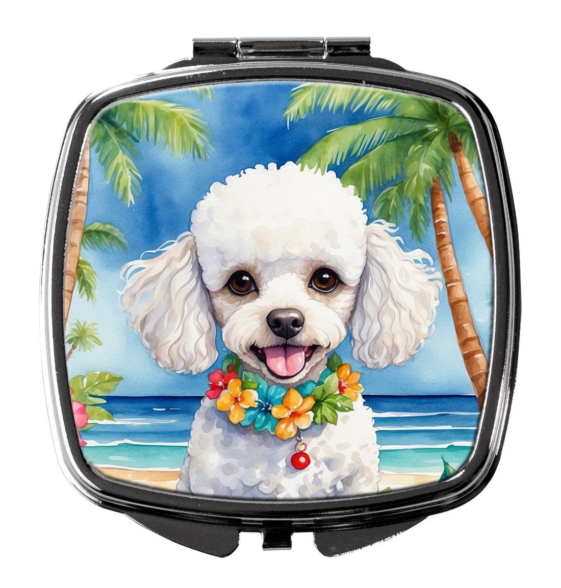 White Poodle Luau Compact Mirror 2.75 in x 3 in