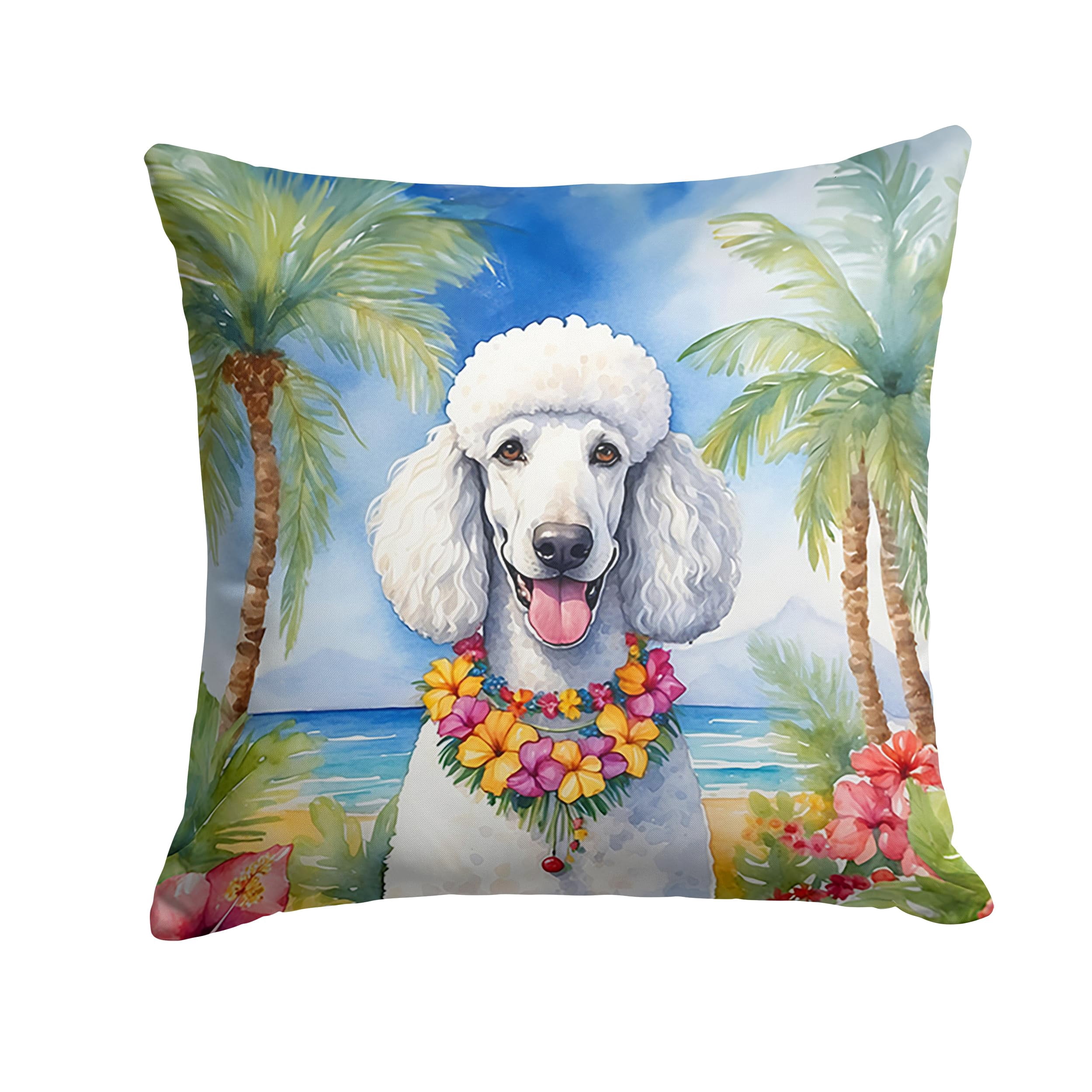 White Poodle Luau Throw Pillow 14 in x 14 in