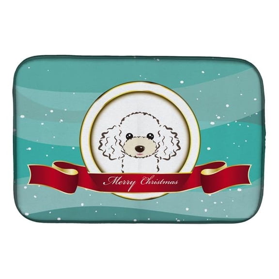 White Poodle Merry Christmas Dish Drying Mat