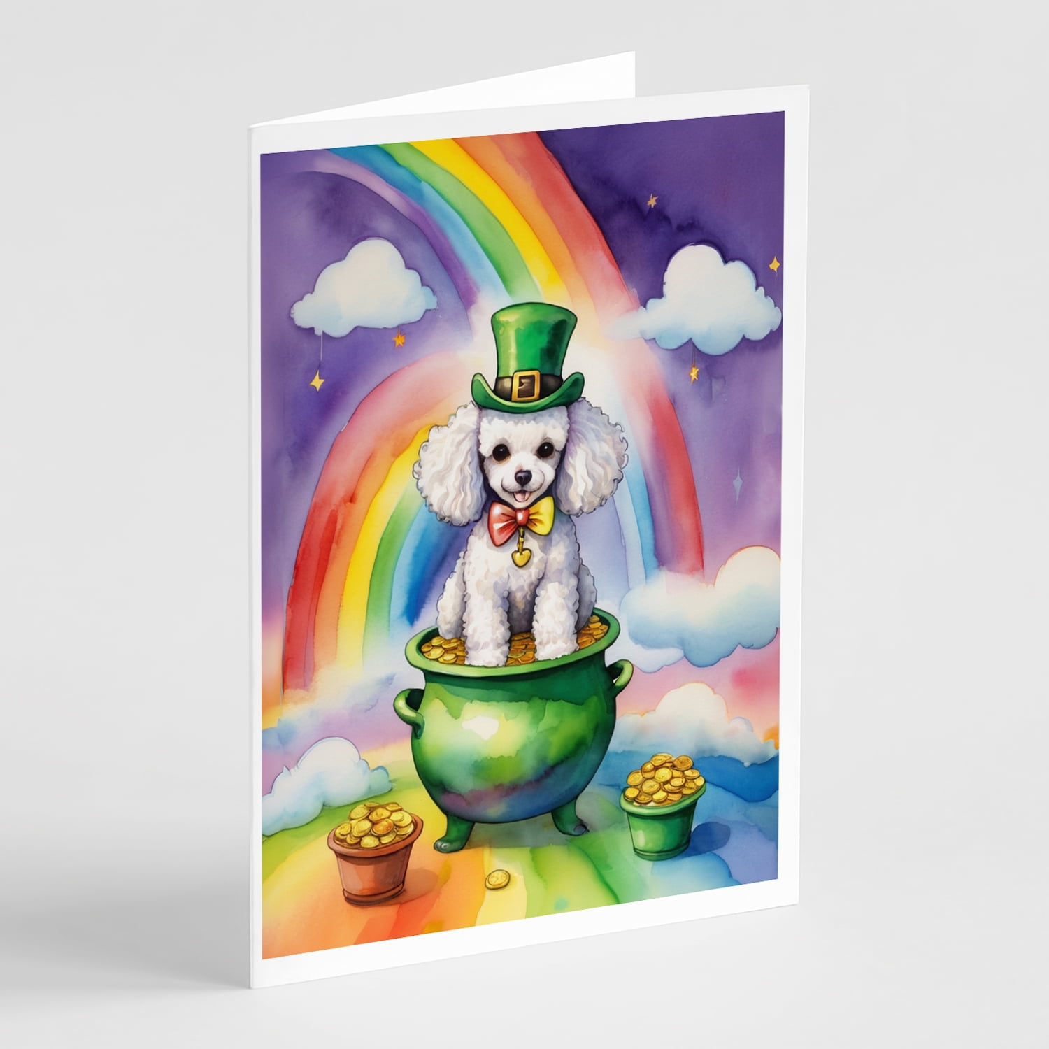 White Poodle St Patrick's Day Greeting Cards Pack of 8 7 in x 5 in