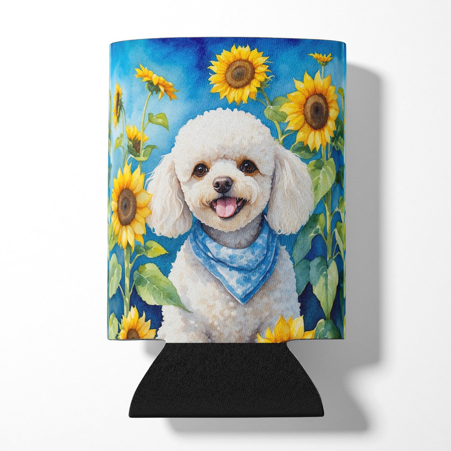 White Poodle in Sunflowers Can or Bottle Hugger 3 in x 5 in