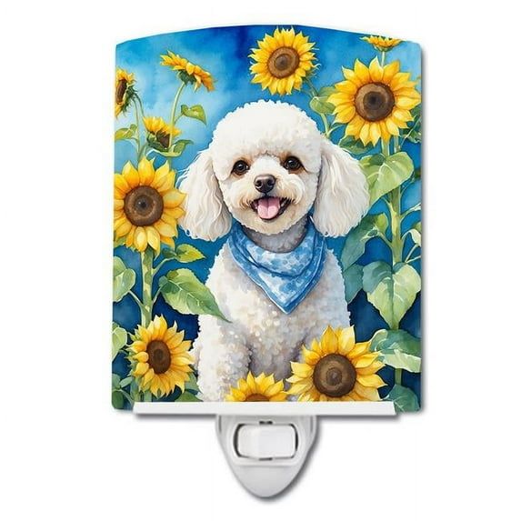 White Poodle in Sunflowers Ceramic Night Light 4 in x 6 in