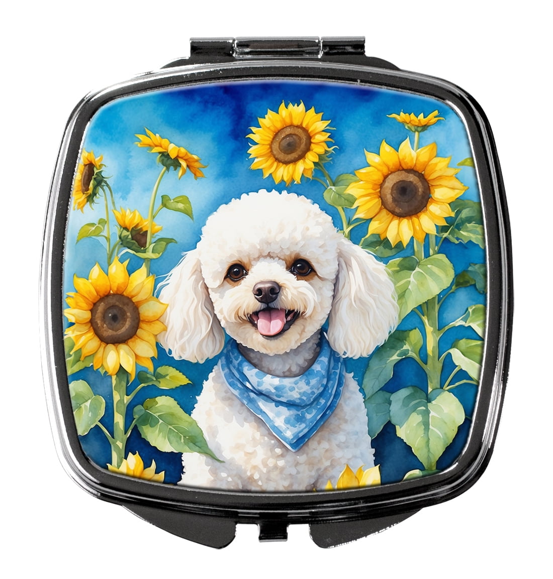 White Poodle in Sunflowers Compact Mirror 2.75 in x 3 in