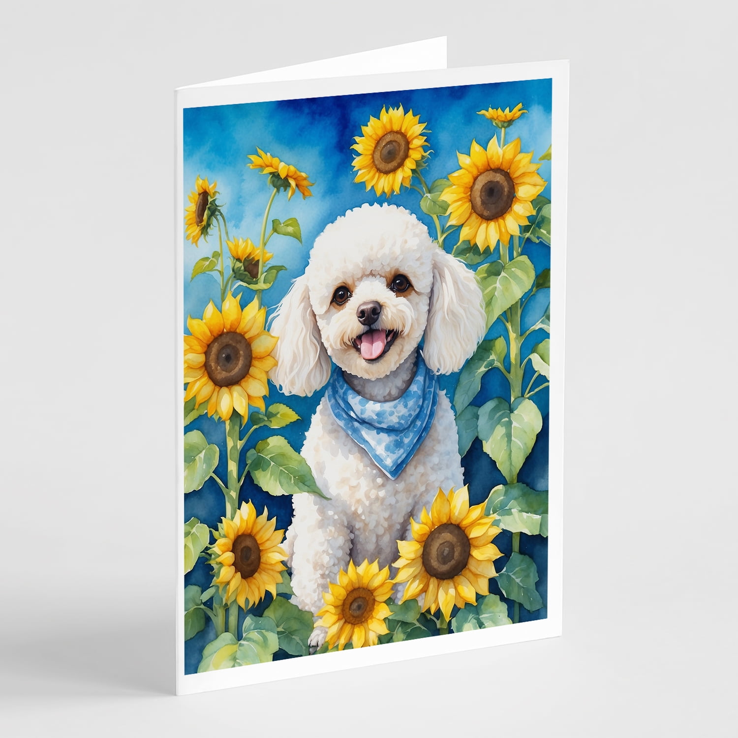 White Poodle in Sunflowers Greeting Cards Pack of 8 7 in x 5 in
