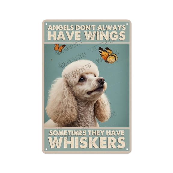 White Poodle with Butterfly Retro Metal Sign 8x12 Inches - Charming White Poodle Decor with Butterfly, Perfect for Dog Lovers