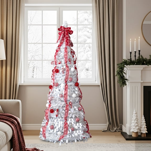 6ft Pre-Lit Pop-Up Festive Decor Tree, Expandable Collapsible Seasonal Centerpiece with Multi-Mode Integrated Lighting & Matching Decor Accents