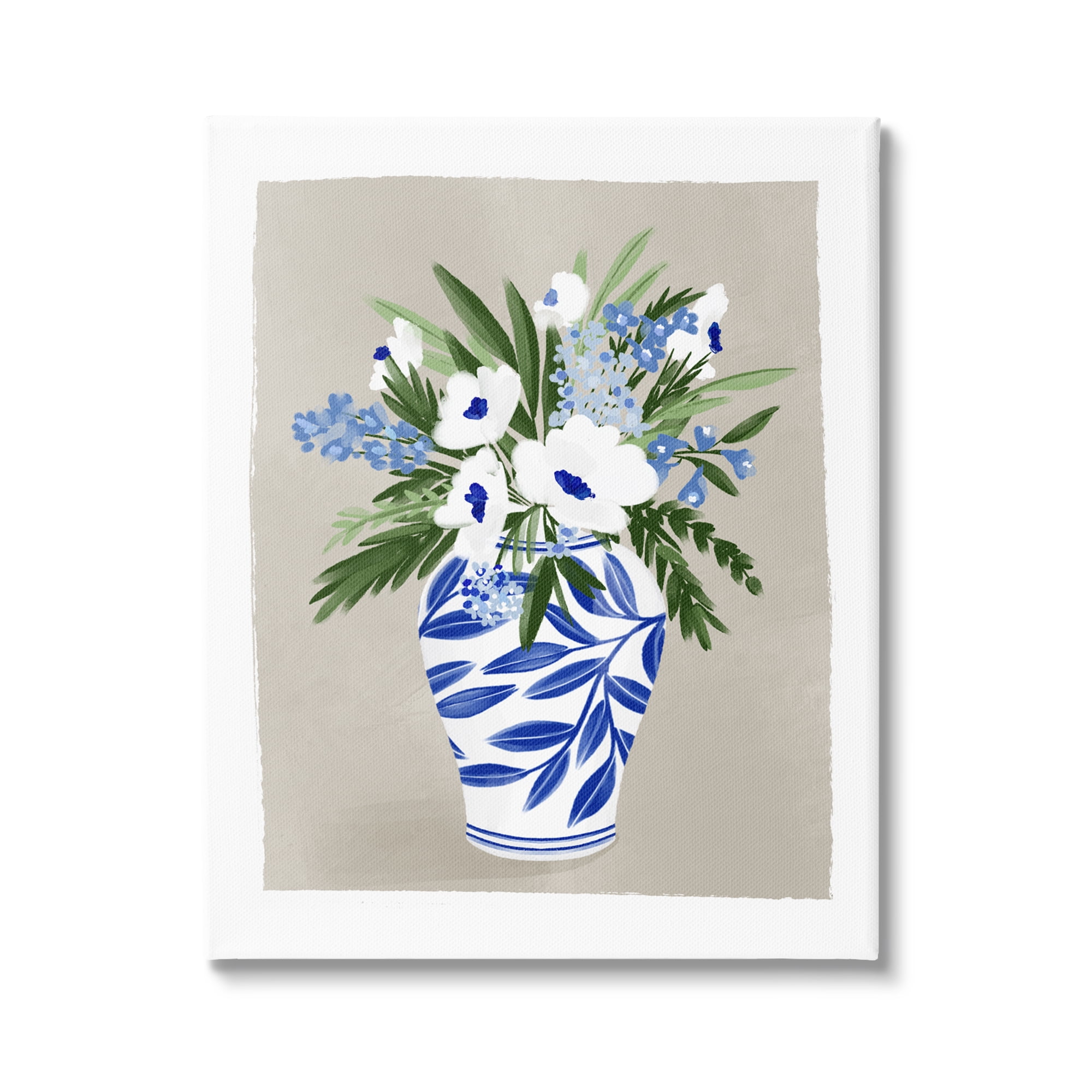 White Poppies Flower Leaves Traditional Chinoiserie Pattern Vase Botanical & Floral Graphic Art Gallery-Wrapped Canvas Print Wall Art