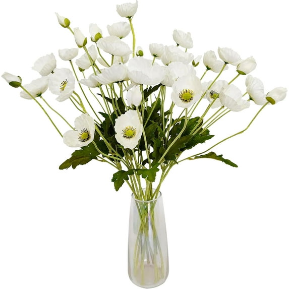 White Poppy Flowers Artificial for Wedding Decorations,12 Pcs Fake Faux Silk Poppies Bulk for Home Decor Table Centerpieces Floral Arrangement (23.5‘’, White)