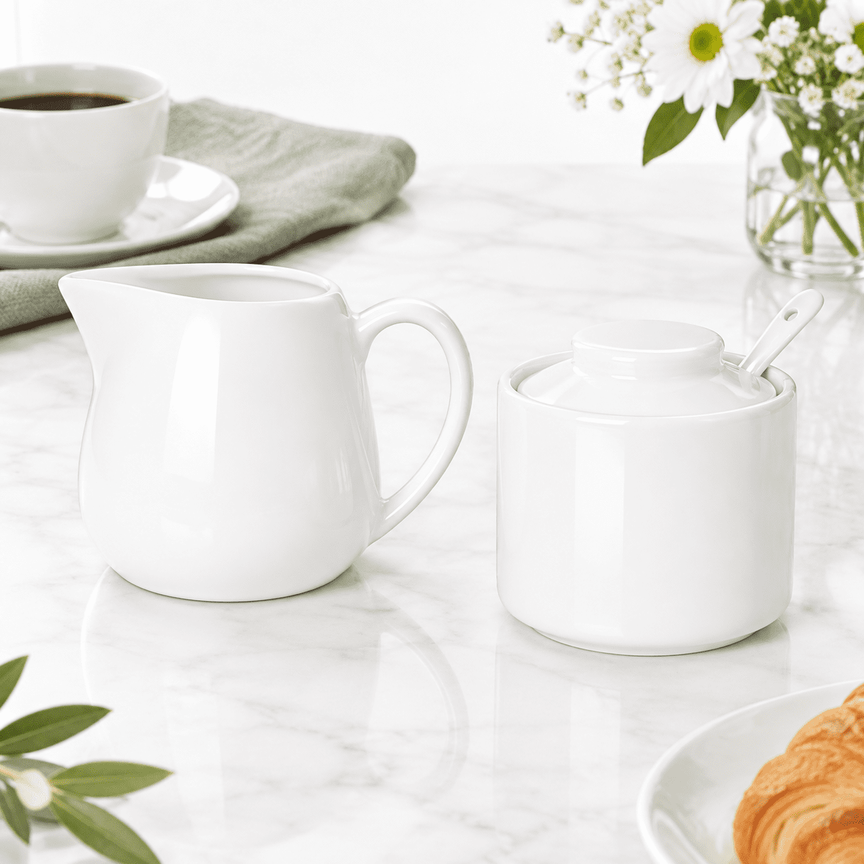 White Porcelain 3-Piece Sugar Bowl, Cream Pitcher and Spoon Dining Set ...