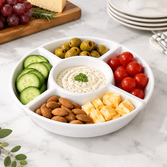 White Porcelain Chip and Dip Serving Set with 5 Compartments