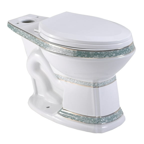 White Porcelain Elongated Bathroom Toilet Bowl Green and Gold India Reserve Design Renovators Supply