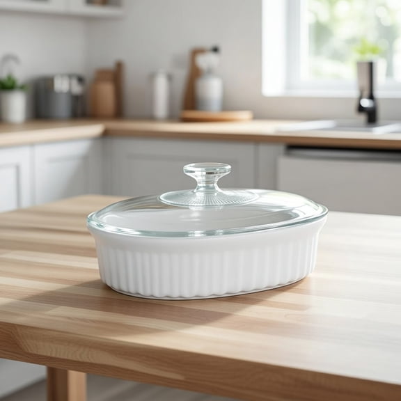 White Porcelain Oval Casserole Dish with Glass Lid, Ribbed Design, Oven & Microwave Safe Ceramic Baker for Lasagna, Gratin, Roasting - 2-3 Quart