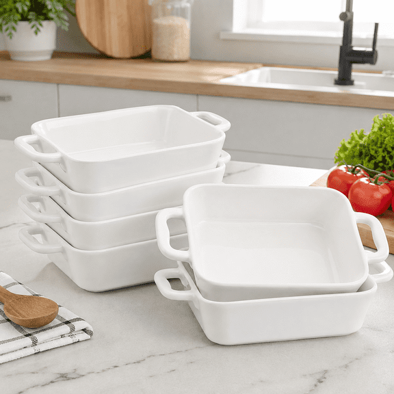 White Porcelain Souffle Dishes Creme Brulee Ramekins, 6-1/4 x 4-3/4 inch Rectangular Baking Pans with Double Handles