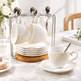 White Porcelain Tea Cup and Saucer Set with Spoon Bracket, Set of 6 ...