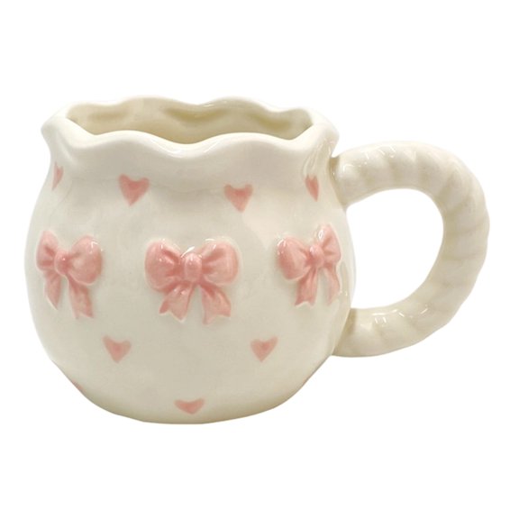 White Porcelain Travel Mug With Artistic Hand Pinched Bows Detailing Coffee Drinking Cup Dishwasher Safe Tableware