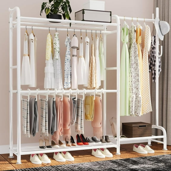 White Portable Closet Rack Wardrobe Clothes, Metal Garment Rack with Shelves for Hanging Clothes Rods,Freestanding Closet Wardrobe Organizer for Cloakroom, Bedroom
