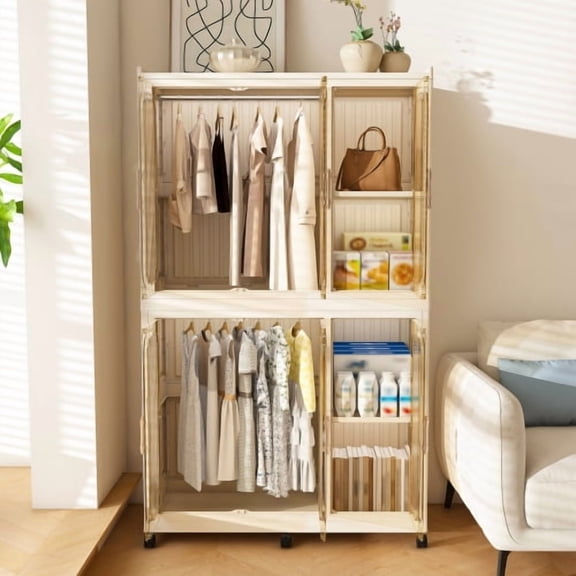 White Portable Clothes Storage Rack (Wardrobe Style) - 6 Magnetic-Closure Doors, 6 Compartment Drawers, 2 Hanging Rods & 6 Hangers