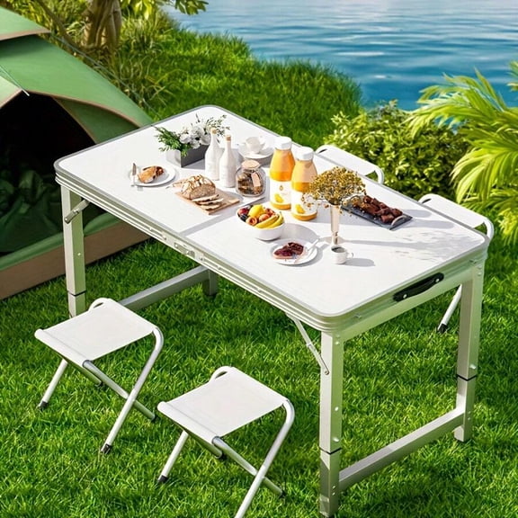 White Portable Collapsible Outdoor Table, Adjustable Height Metal Folding Desk with Carry Handle for BBQ, Camping, Hunting and Fishing Activities