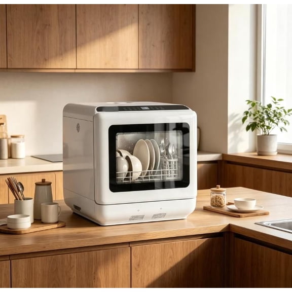 White Portable Countertop Dishwasher, Small Kitchenware Cleaning Machine, with A 1.6-gallon Water Tank, 5 Cleaning Programs, and A Drying Function