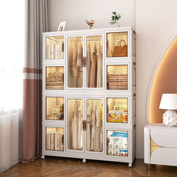 White Portable Modular Wardrobe with Magnetic Doors, 12 Storage Compartments and 2 Hanging Rods, 16 Hangers, Suitable for Bedrooms and Living Rooms.
