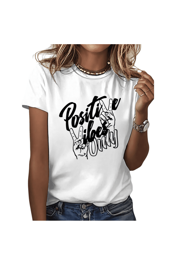 White Positive Vibes Only Peace Hand Retro Graphic Tees Print Tshirt Shirts Hippie Inspirational Tops S-5XL