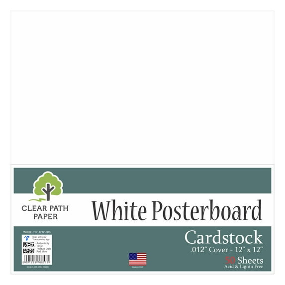White Posterboard - 12 x 12 inch - .012" Thick - 50 Sheets - Clear Path Paper