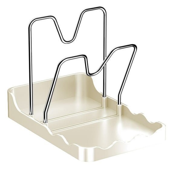 White Pot Lid Storage Rack with Anti-Slip V-Groove Design, Kitchen Counter Organizer with Water Collection Tray, Desktop Holder for Pot Lids and Cooking Utensils