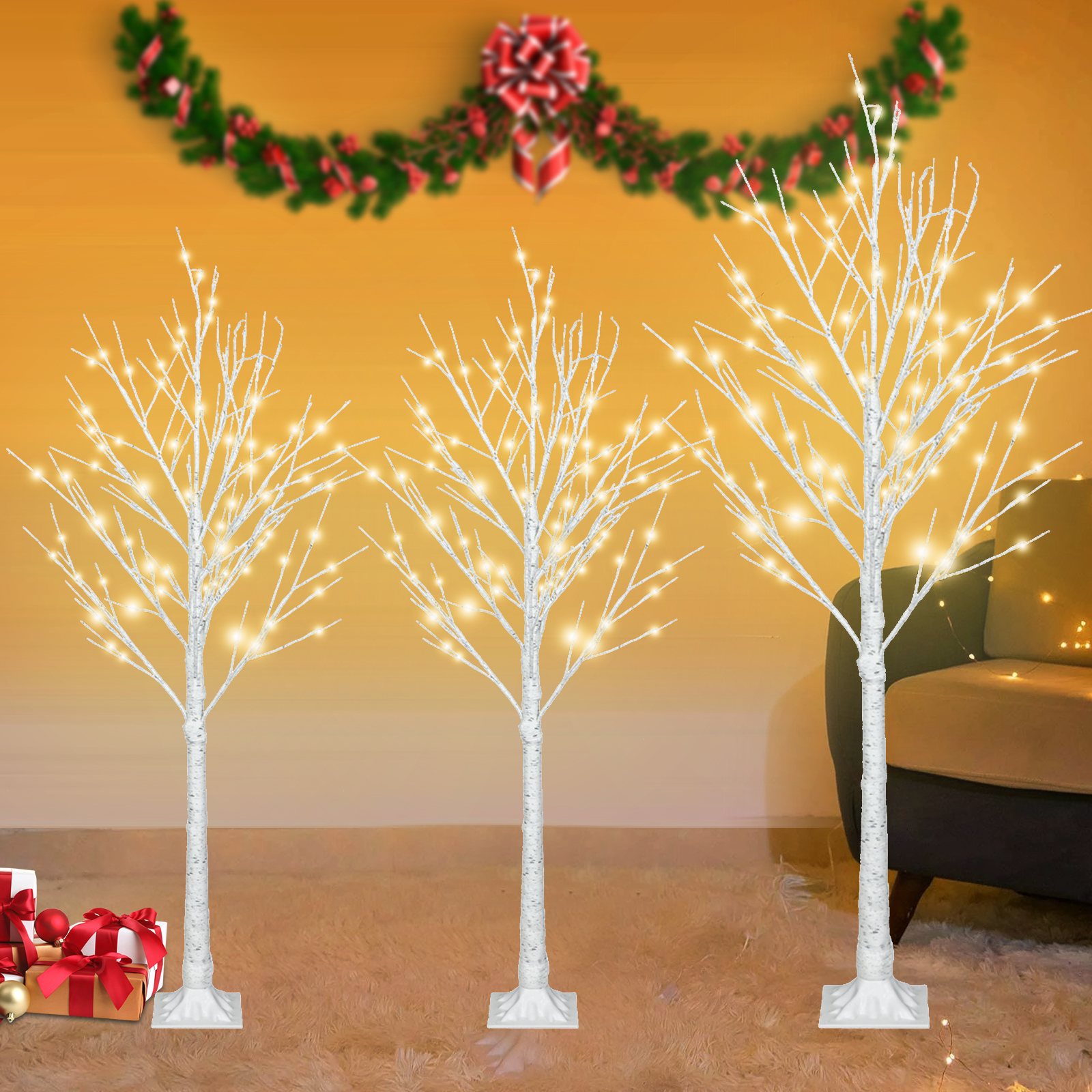 White Prelit Christmas Tree 4FT 4FT 6FT, 3PCS Christmas Decor Birch