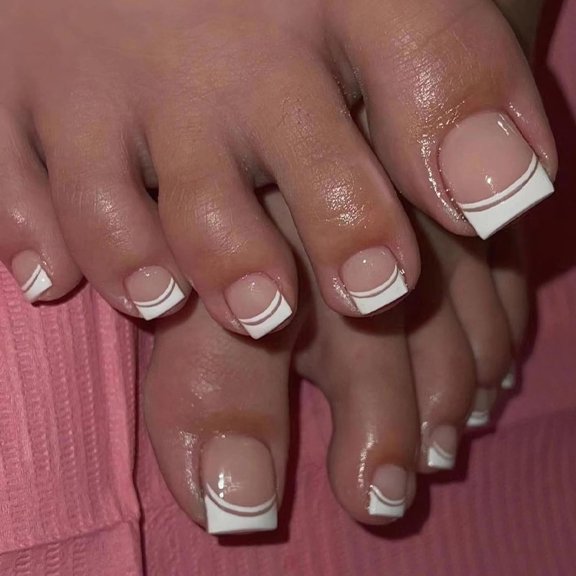 White Press on Toenails for Women French Tips Fake Toe Nails Glossy Nude Pink Full Cover Acrylic False Glue on Toenails for Women 24Pcs Toenails Nude French White A01 1 Count (Pack of 1)