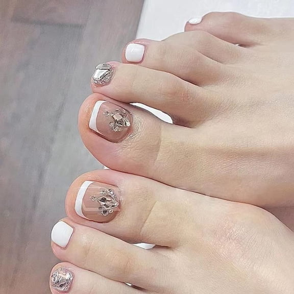 White Press on Toenails for Women French Tips Fake Toenails Short Square Glossy Rhinestones Fake Toe Nails Tips Full Cover Acrylic False Toenails for Women 24Pcs Toenails French White Rhinestones A01
