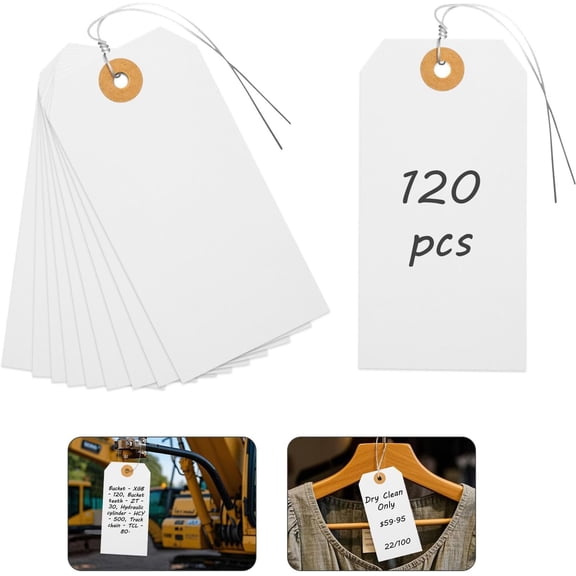 White Pricing Tags with Wire, 120 count Manila Shipping Tags 4 3/4" x 2 3/8", Wire Labels for Garage , Heavy Duty Machinery,  Clothing,  Pricing
