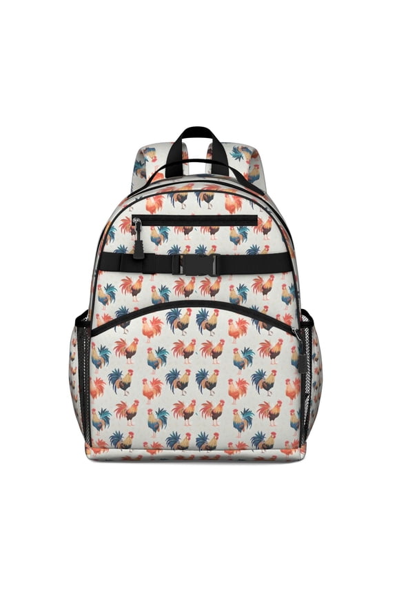 Light Gray Chicken Rooster Pattern Backpack for School,Cute School Bag,Schoolbag with Adjustable Shoulder Straps & Padded Back,15.25"x11.5"x5.25"