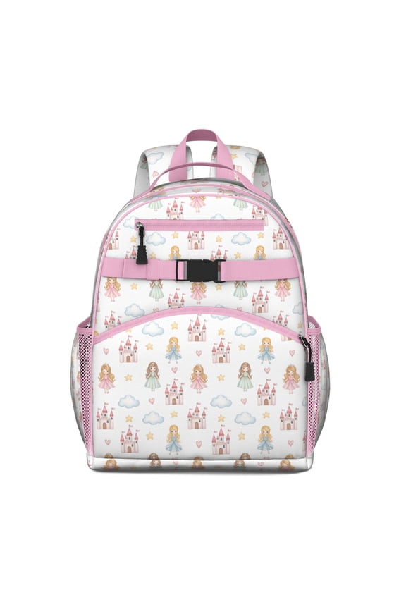 White Princess Castle Pattern Backpack for School,Cute School Bag,Schoolbag with Adjustable Shoulder Straps & Padded Back,15.25"x11.5"x5.25"