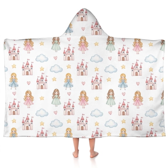 White Princess Castle Pattern Hooded Bath Towel,50"x30" for Ages 3 To 12 Kids, Quick Dry Lightweight Soft Microfiber Hood Beach Towel Cover Up for Kids