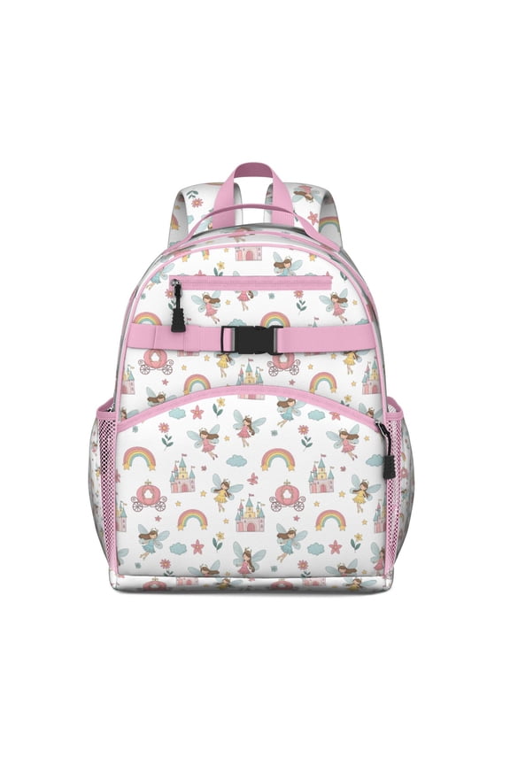 White Princess Fairy Castle Pattern Backpack for School,Cute School Bag,Schoolbag with Adjustable Shoulder Straps & Padded Back,15.25"x11.5"x5.25"