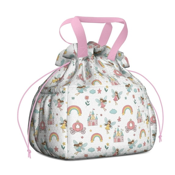 White Princess Fairy Castle Pattern Drawstring Lunch Bag Women - Drawstring Lunch Bag Insulated for Work Office - Stain-Resistant Large Lunchbags for Women with Multi-Pockets
