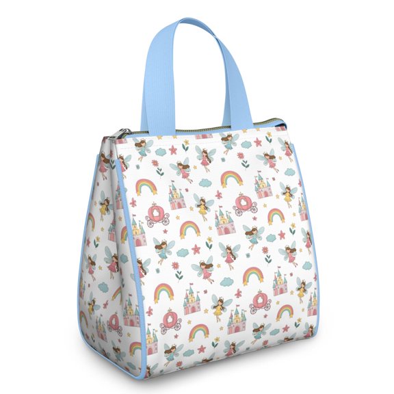 White Princess Fairy Castle Pattern Insulated Lunch Bag for Women & Adults,Large Portable Soft Cooler Lunch Bag,Thermal Food Storage Tote with Pearl Cotton,8.66L,8.75x5.75x9.5 Inch
