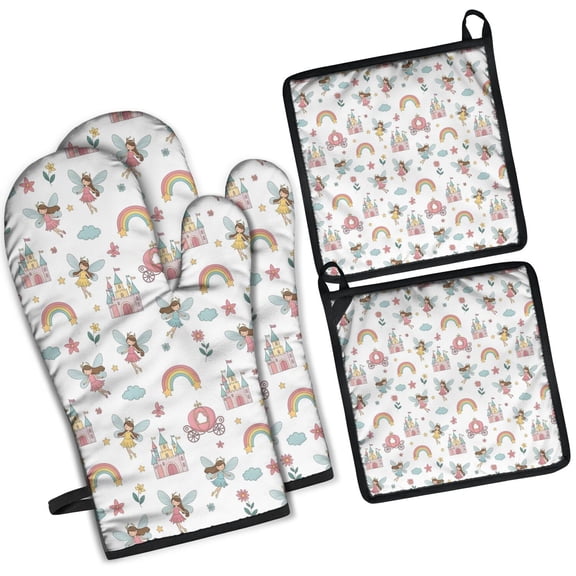 White Princess Fairy Castle Pattern Kitchen Oven Mitt and Pot Holder Sets 2 Pcs for Baking, Cooking and Grilling, Heat Resistant Up To 392 °F