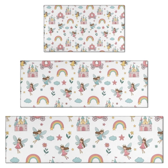White Princess Fairy Castle Pattern Kitchen Rugs Sets Of 3,Kitchen Runner Rugs Non Skid Washable,Decorative Kitchen Floor Mats for Kitchen,Sink,Laundry,17"x30"+ 17"x47" + 17"x59"