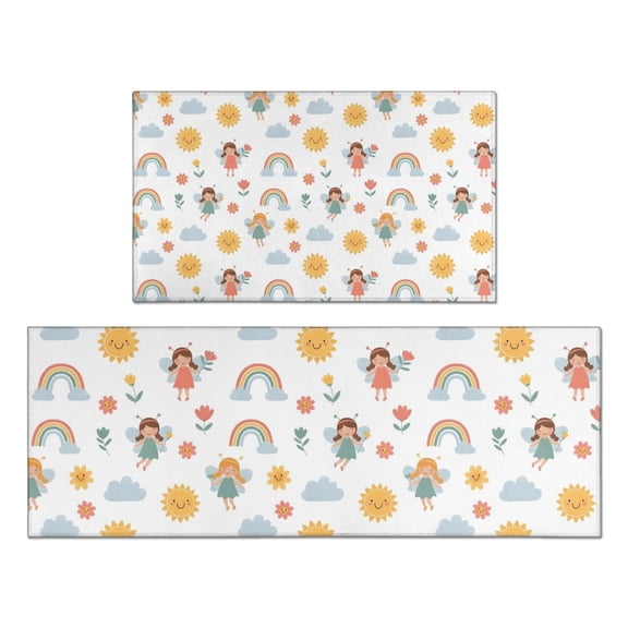 White Princess Fairy Sun Pattern Kitchen Rugs Sets Of 2,Anti Fatigue Kitchen Mat Rugs Non Slip Washable,Decorative Kitchen Floor Mats for Kitchen,Sink,Laundry,17"x30"+17"x47"