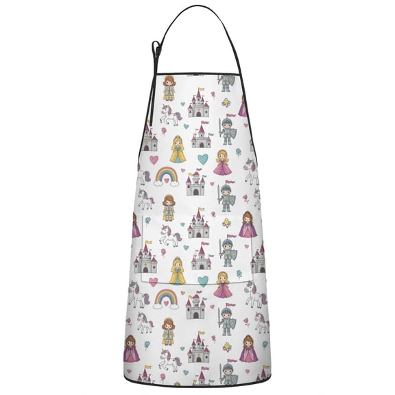 White Princess Knight Pattern Apron-Garden Aprons for Women with Pockets-Cotton Linen Waterproof Kitchen Cooking Gardening Aprons Adjustable for Kitchen,Cooking,BBQ and Salon 33x27 Inch