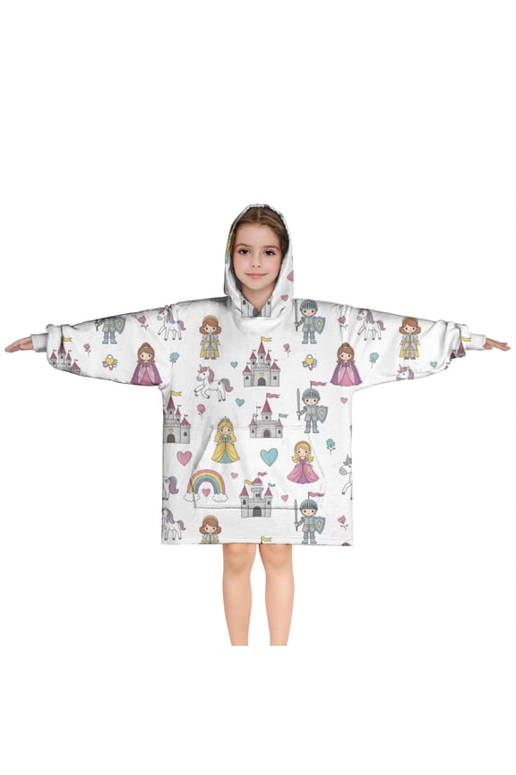 White Princess Knight Pattern Blanket Hoodies for Kids 6-13YR Oversize Wearable Blanket Hoodies for Boys Girls Teens