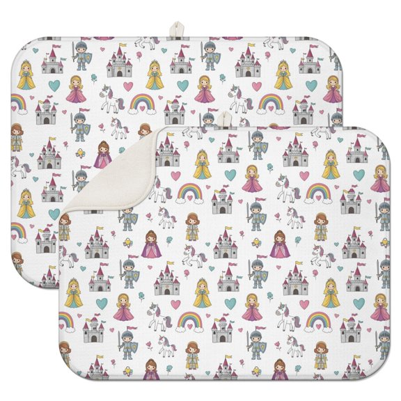White Princess Knight Pattern Dish Drying Mat for Kitchen 1 Pack, Ultra Absorbent Microfiber Dishes Drainer Mats,18"x24"