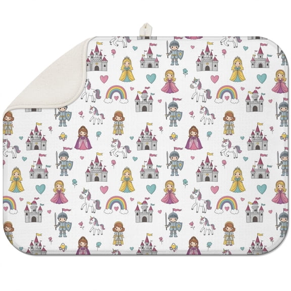 White Princess Knight Pattern Dish Drying Mat for Kitchen 1 Pack, Ultra Absorbent Microfiber Dishes Drainer Mats,18"x24"