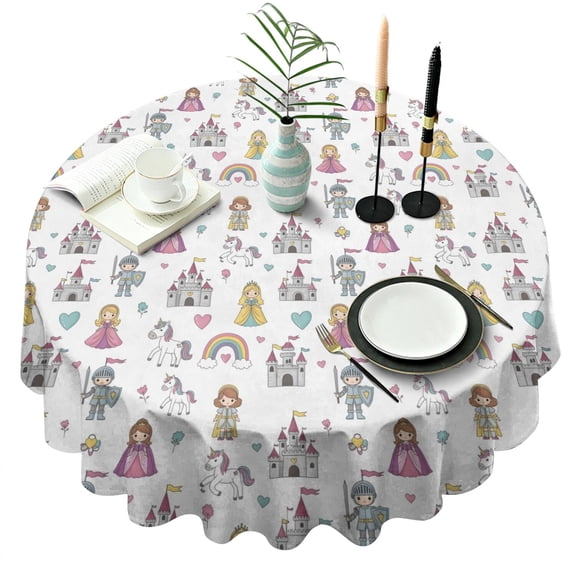 White Princess Knight Pattern Round Tablecloth 60"x60",Wrinkle Wipeable Table Cloth for Kitchen Dining Room Picnic Patio Party