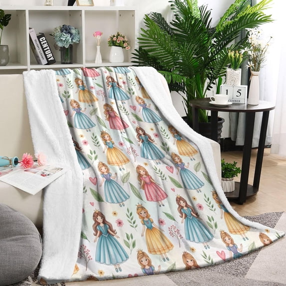 White Princess & Leaf Pattern Blanket,Comfortable Soft Lamb Wool Throw Blanket,All Season,Warm Lightweight Blankets for Sofa Bed Couch Living Room Chair,60"x80"