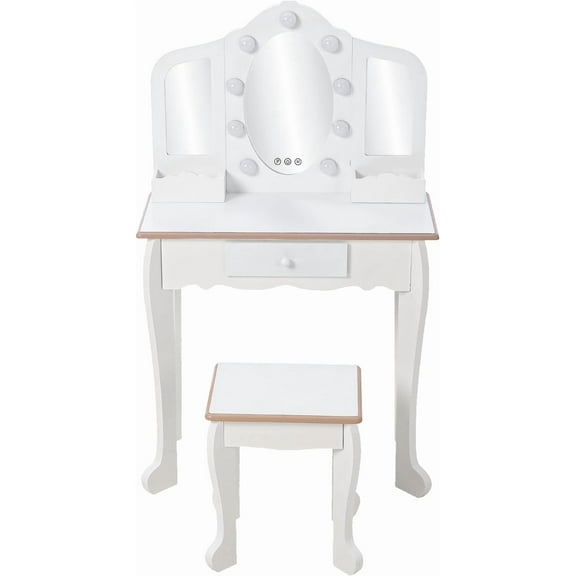 White Princess Vanity Set For Toddlers, Includes 3 Mirrors, Light Feature, And Matching Stool