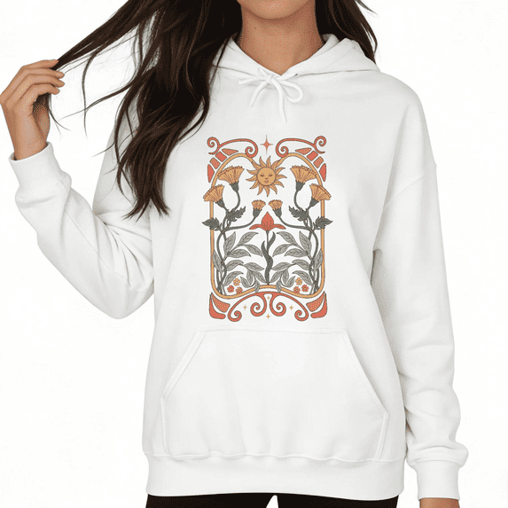 White Print Hoodie Graphic Hoodie Art Nouveau Sun Floral Daily Casual Relaxing Witchy Inspired Tops S-2XL Tops
