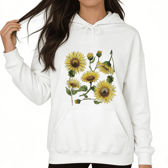 White Print Hoodie Graphic Hoodie Watercolor Sunflower Cluster Daily Casual Relaxing Nature Inspired Tops S-2XL Tops